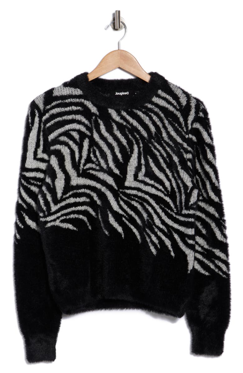 Desigual Thin Gauge Animal Print Sweater, Alternate, color, Black
