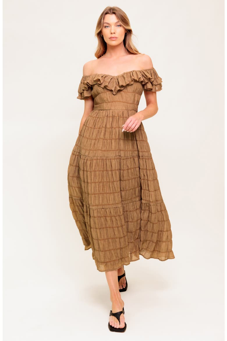 Ruffle Shoulder Midi Dress, Alternate, color, BROWN