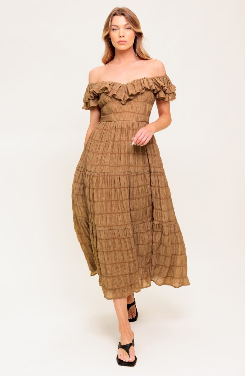 FLYING TOMATO Ruffle Shoulder Midi Dress, Alternate, color, Brown