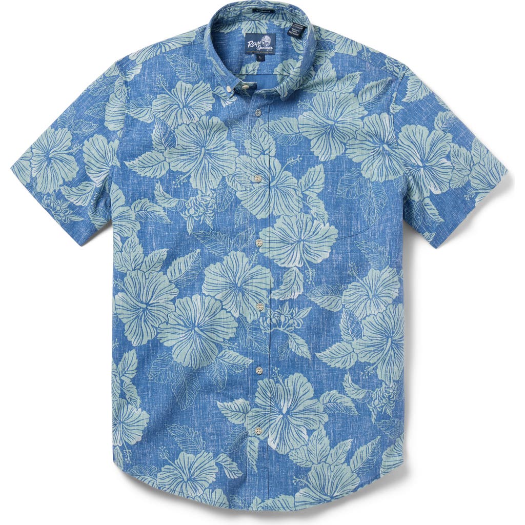 Reyn Spooner Aloha Biscus Floral Short Sleeve Cotton Blend Button-down Shirt In Blue
