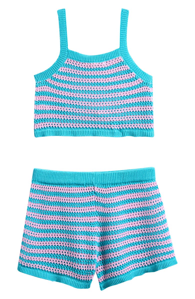 Miken Swim Kids' Stripe Cover-Up Tank & Shorts Set, Alternate, color, Blue Atoll/ Lilac Chiffon