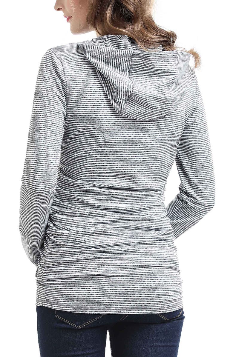 Kimi & Kai Haven Striped Side Ruched Maternity Performance Hoodie, Alternate, color, Black White