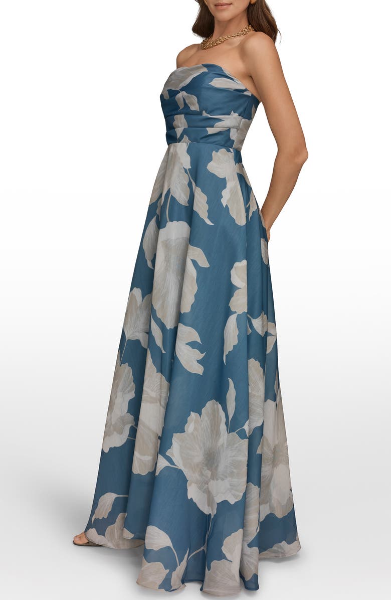Donna Karan New York Strapless Floral Print Gown, Alternate, color, Washed Indigo/ Cream (Dim)