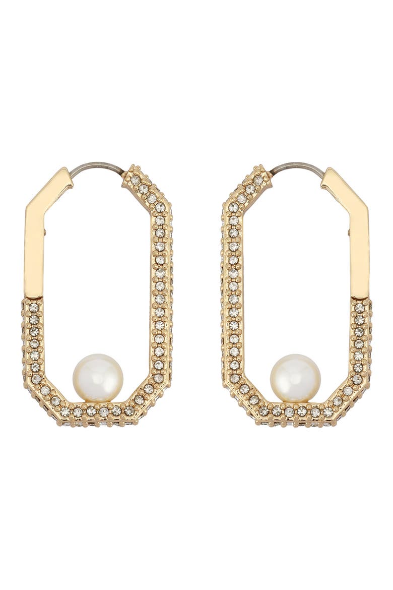 Pavé & Faux Pearl Hexagonal Hoop Earrings, Alternate, color, PEARL/ GOLD