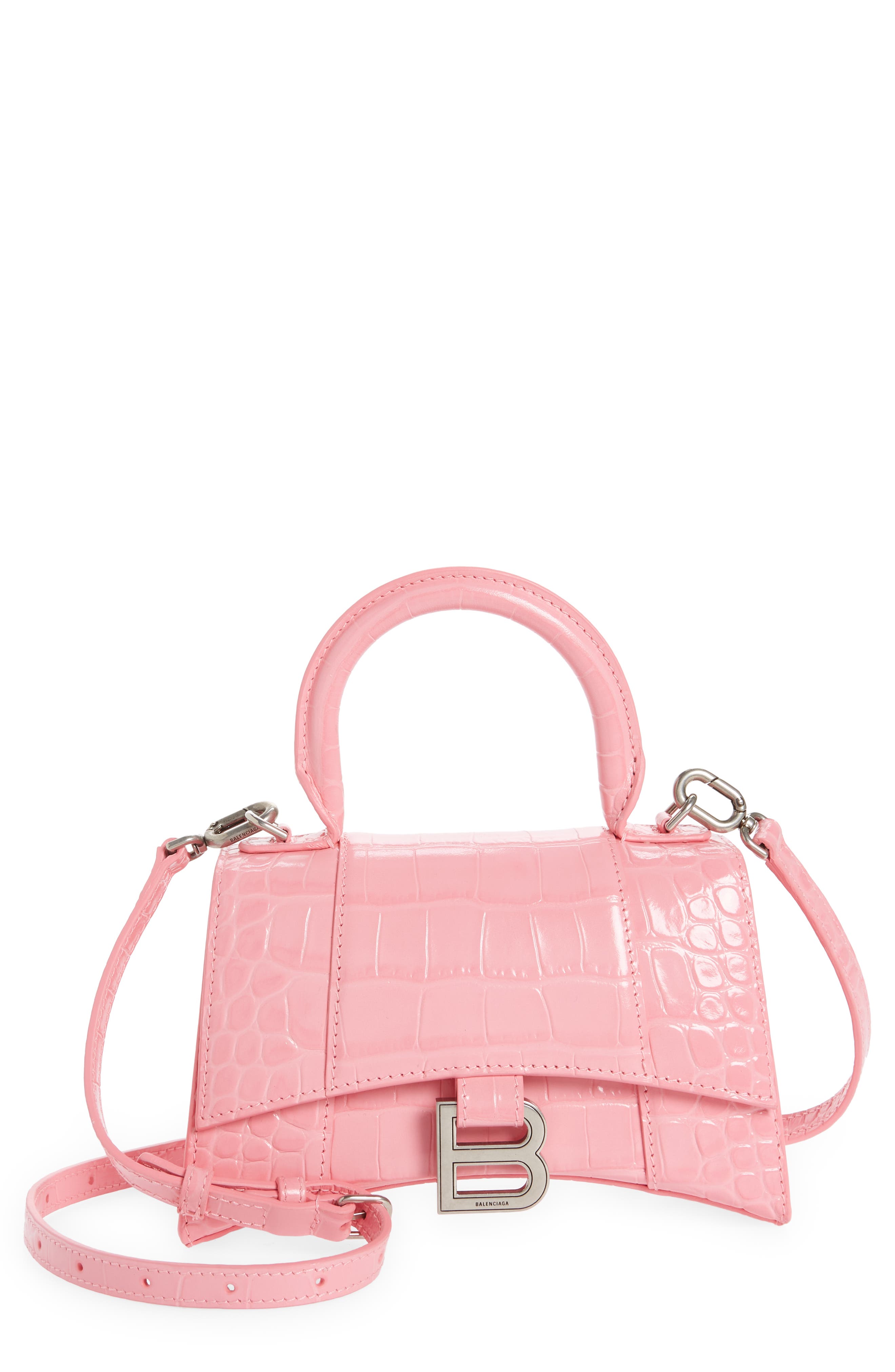 Extra Small Hourglass Croc Embossed Leather Top Handle Bag, Main, color, SWEET PINK