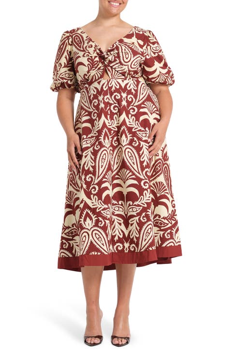 Aurela Paisley Keyhole Fit & Flare Cotton Midi Dress (Plus)