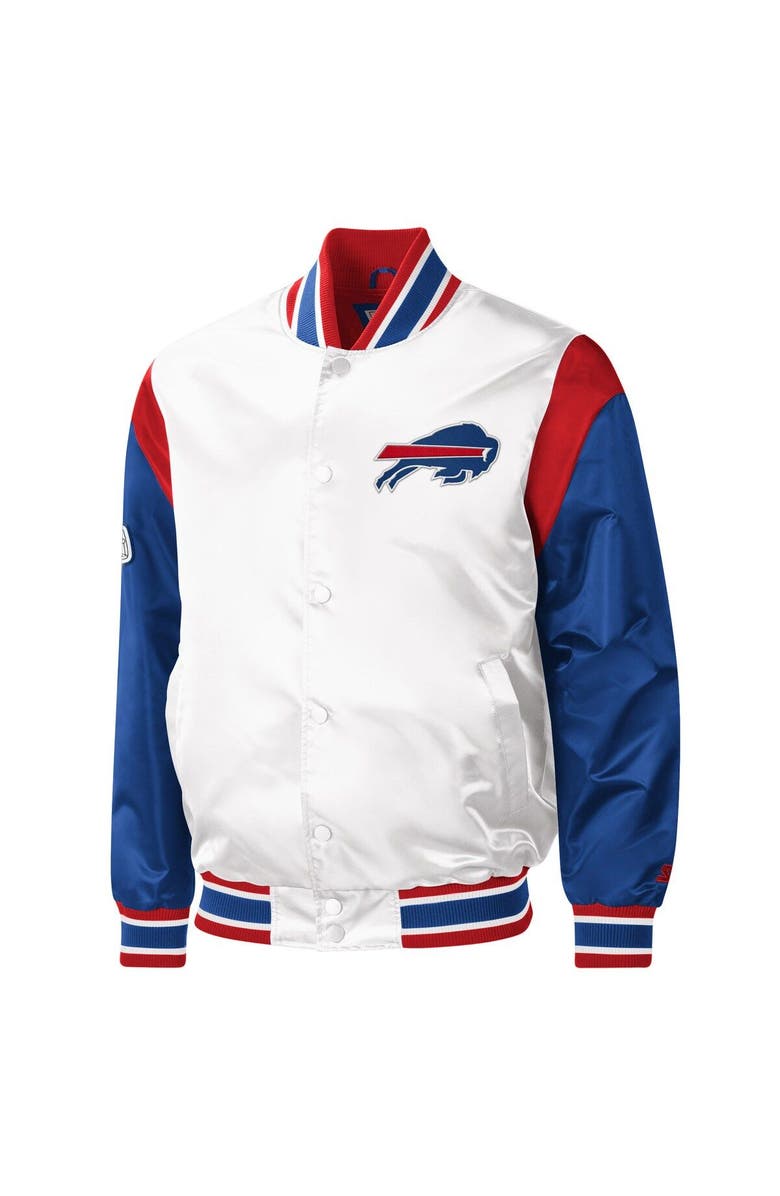 STARTER Men's Starter White Buffalo Bills Throwback Warm Up Pitch Satin Full-Snap Varsity Jacket, Alternate, color, 