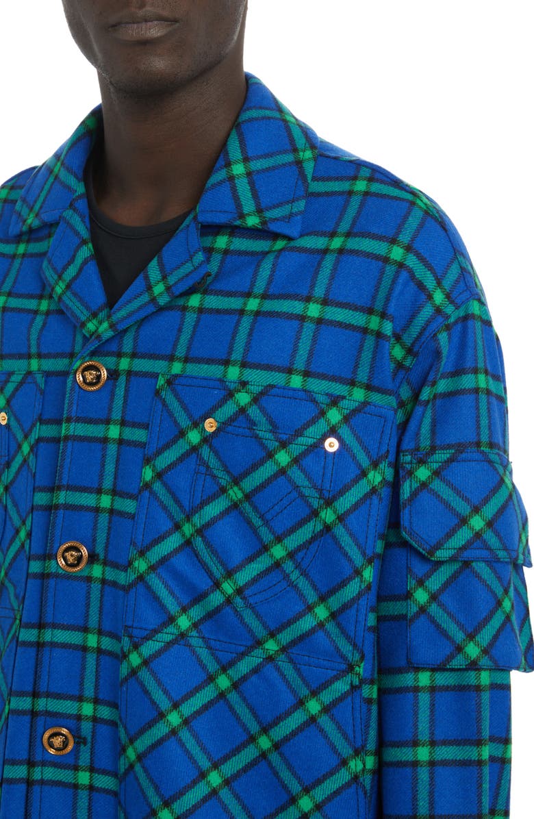 Versace Tartan Print Wool Blend Flannel Shirt Jacket, Alternate, color,