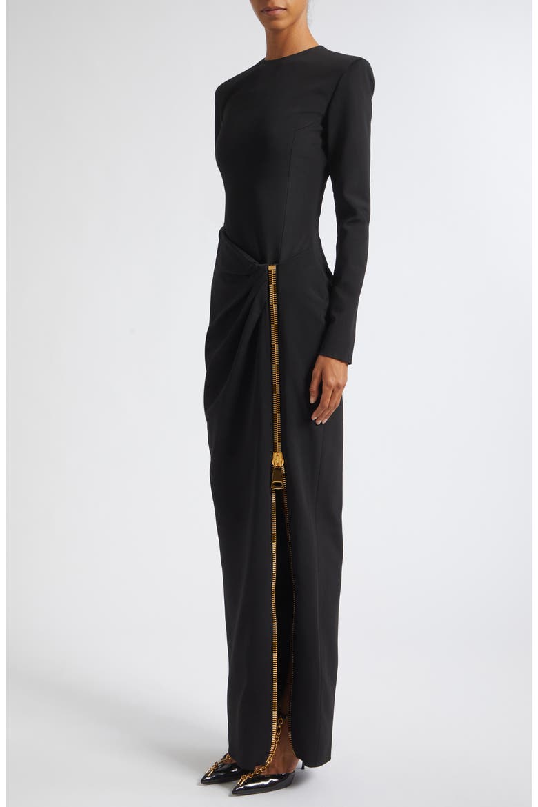 Long Sleeve Draped Zip Compact Jersey Maxi Dress, Alternate, color, 0PA BLACK