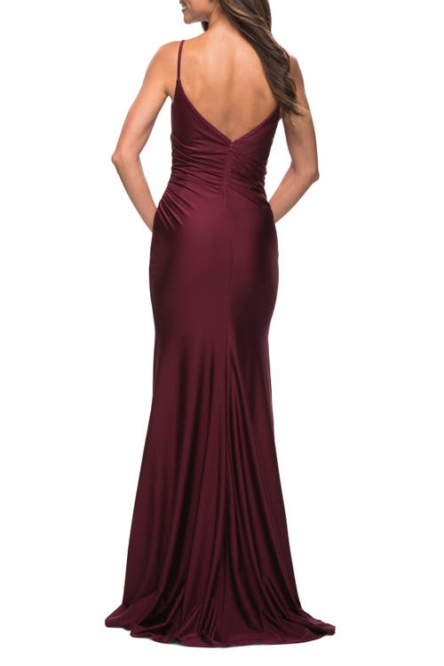 La Femme Diagonal Ruched Jersey Gown With V Neckline In Dark Berry