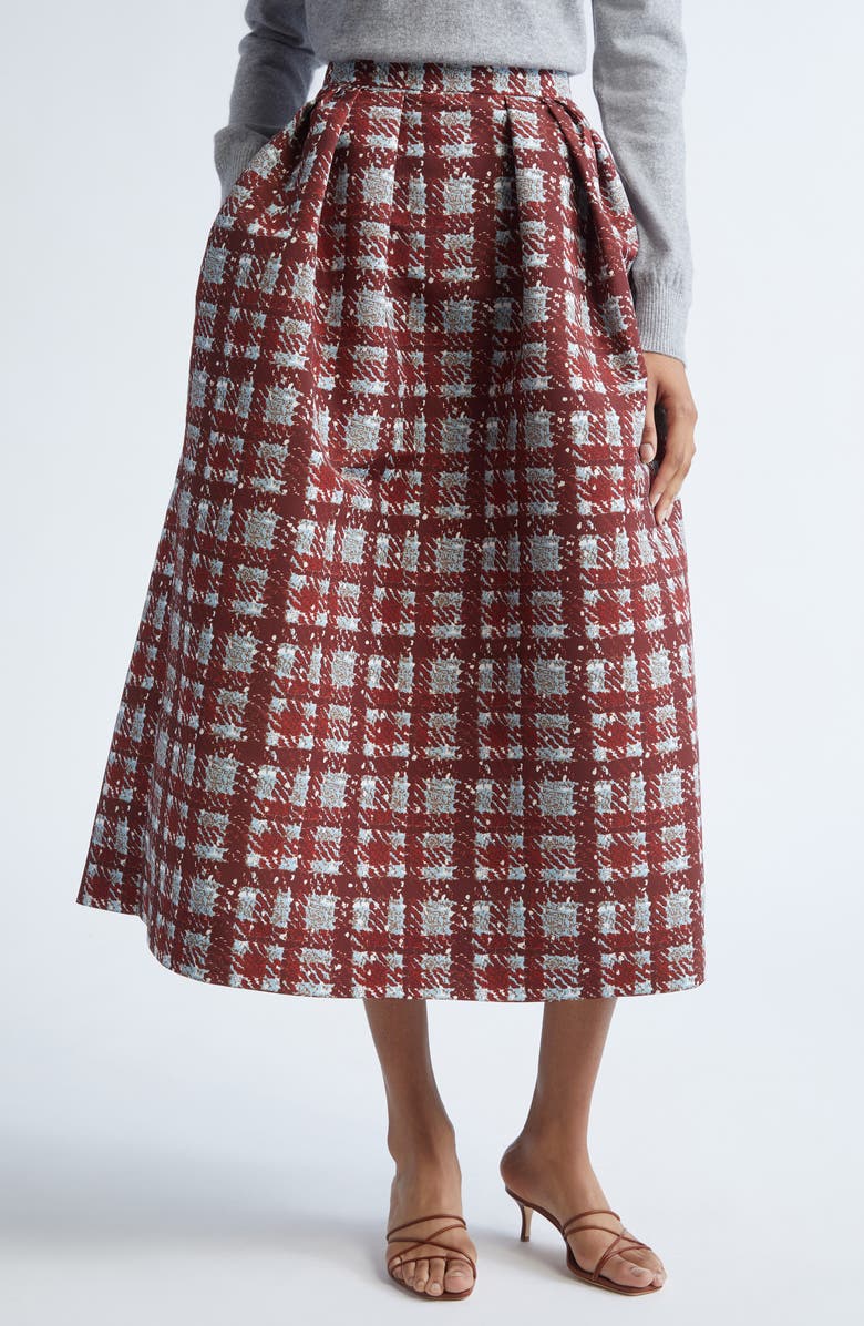 Oscar de la Renta Plaid Textured Faille A-Line Skirt, Main, color, Burgundy/ Blue