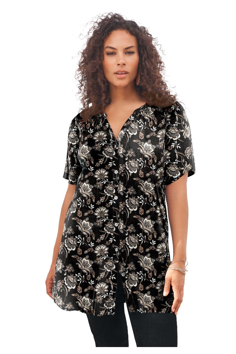 Plus Size Angelina Crinkle Crepe Y Neck Short Sleeve Tunic, Main, color, BLACK PORCELAIN FLORAL