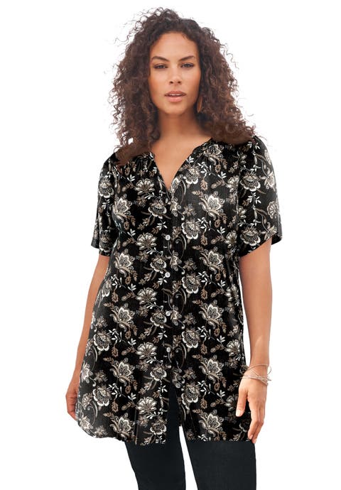 Plus Size Angelina Crinkle Crepe Y-Neck Short Sleeve Tunic (Plus)