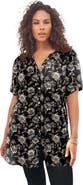 Roaman's Plus Size Angelina Crinkle Crepe Y-Neck Short Sleeve Tunic