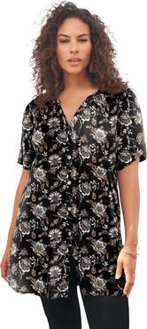 Roaman's Plus Size Angelina Crinkle Crepe Y-Neck Short Sleeve Tunic
