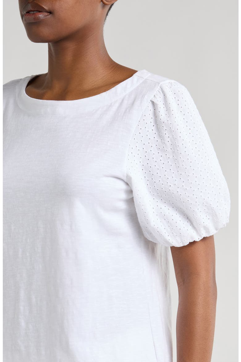 Eyelet Puff Sleeve Organic Cotton Top, Alternate, color, WHITE