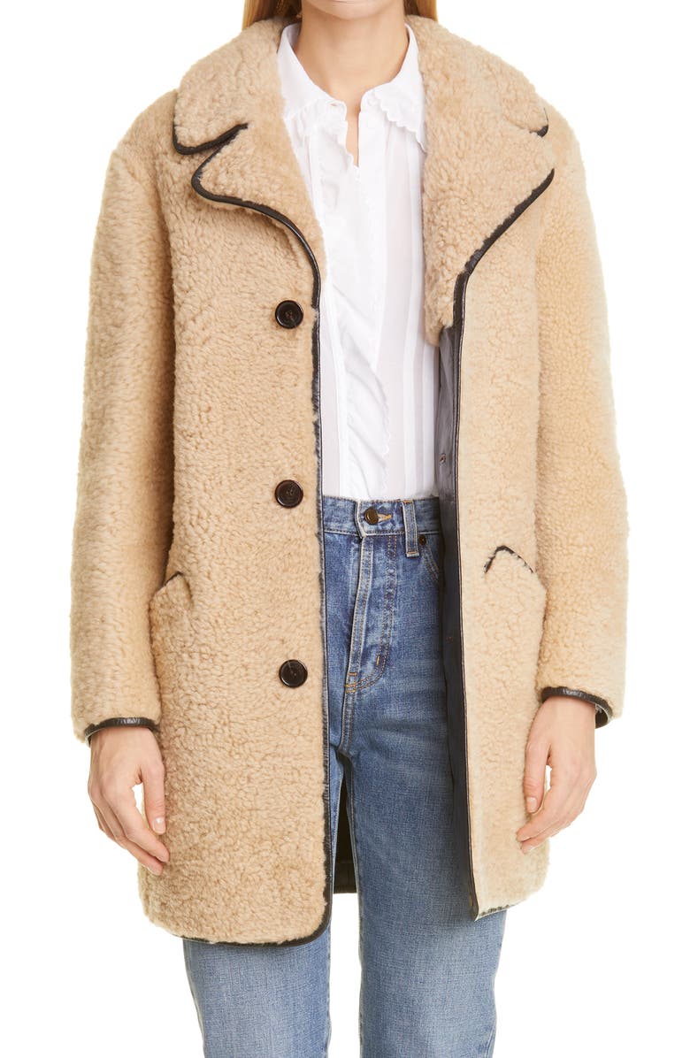 Saint Laurent Leather Trimmed Genuine Shearling Coat, Main, color,