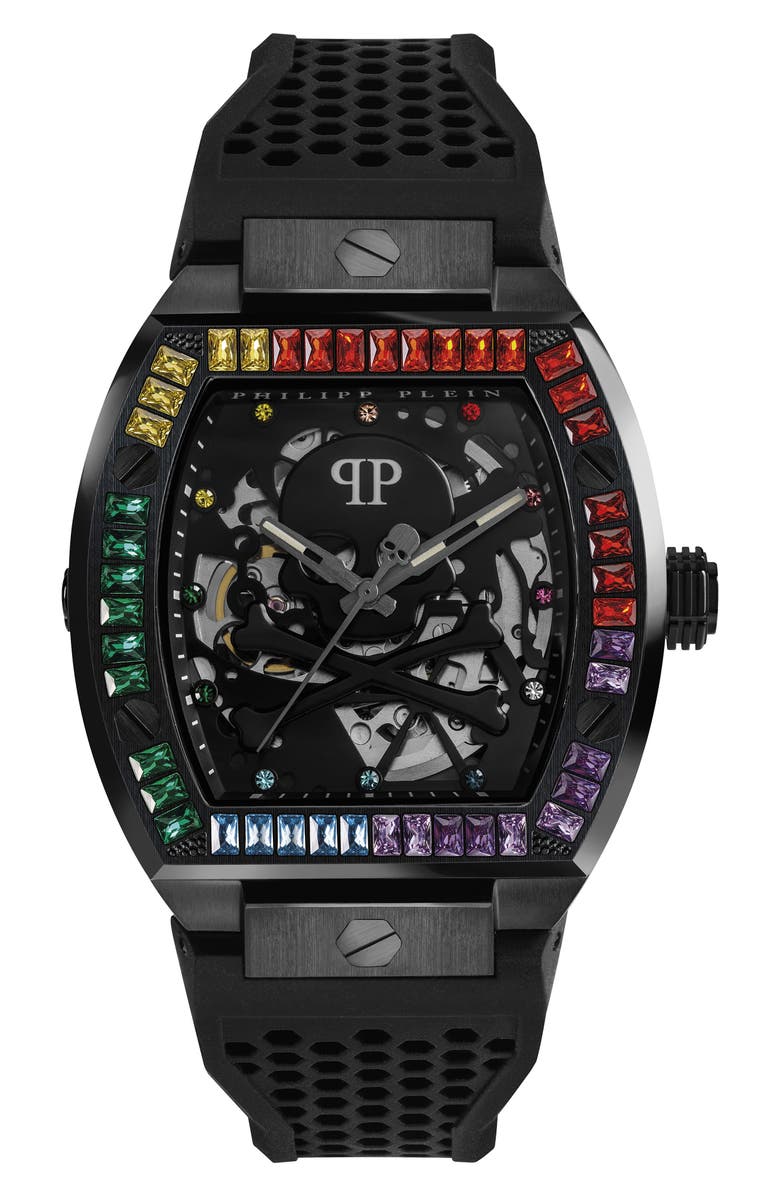 PHILIPP PLEIN The $keleton Silicone Strap Watch, 44mm, Main, color, Ip Black
