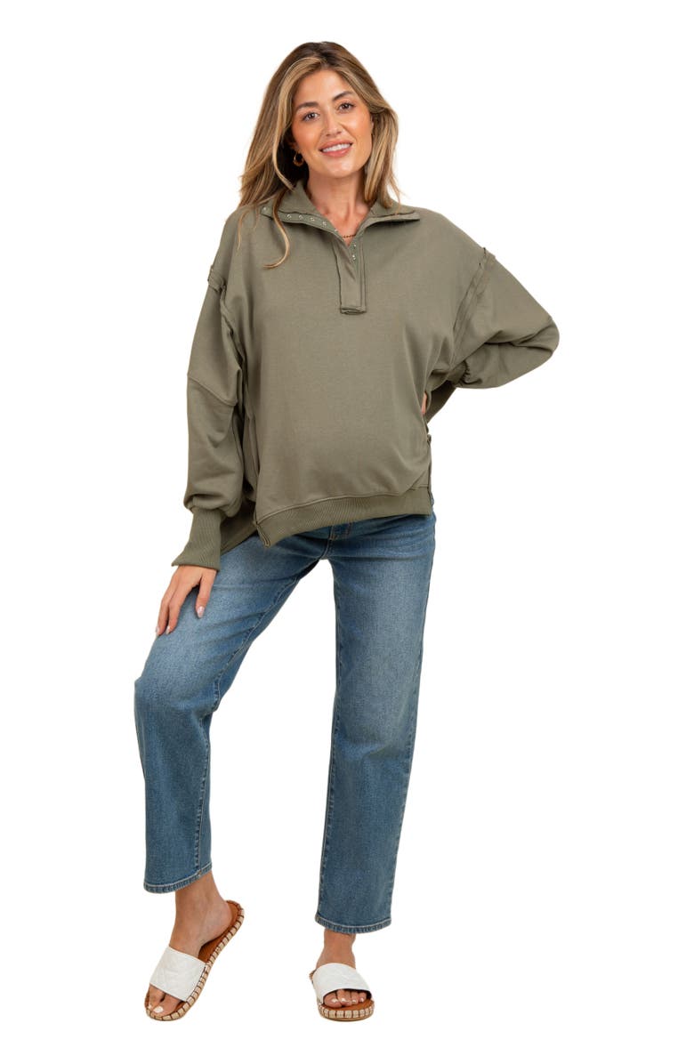 PinkBlush Snap Button Pullover Henley Sweatshirt, Main, color, Olive Green