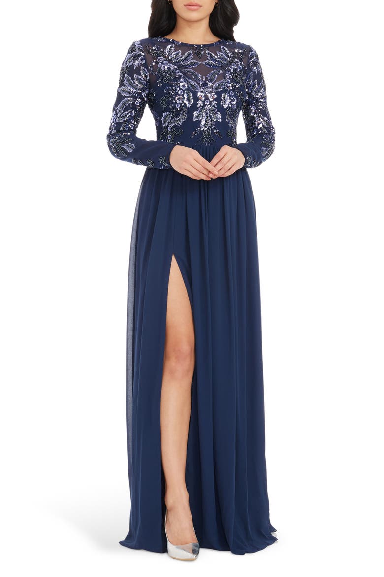 Marth Sequin Long Sleeve Chiffon Gown, Main, color, NAVY MULTI