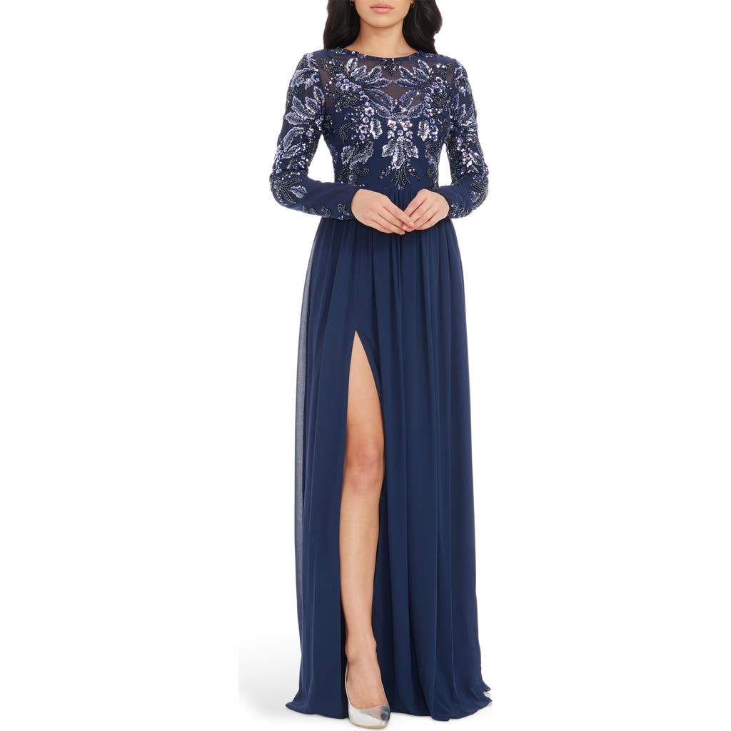 Shop Dress The Population Marth Sequin Long Sleeve Chiffon Gown In Navy Multi