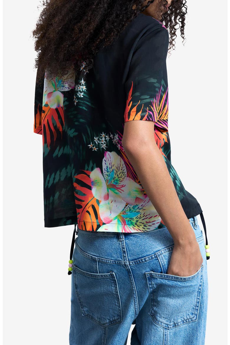 Tropical Floral Print Woven Shirt, Alternate, color, BLACK