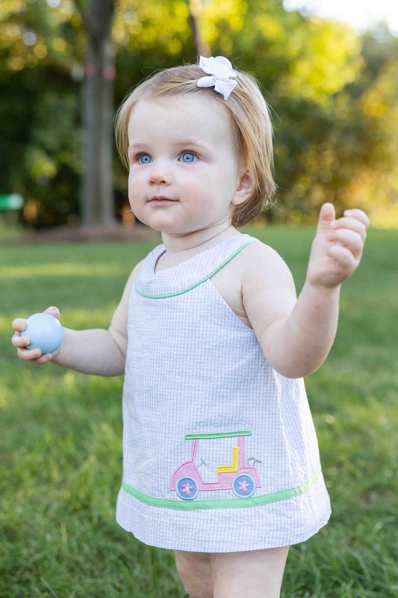 Check Seersucker Skirted Romper with Golf Cart, Alternate, color, Blue/White