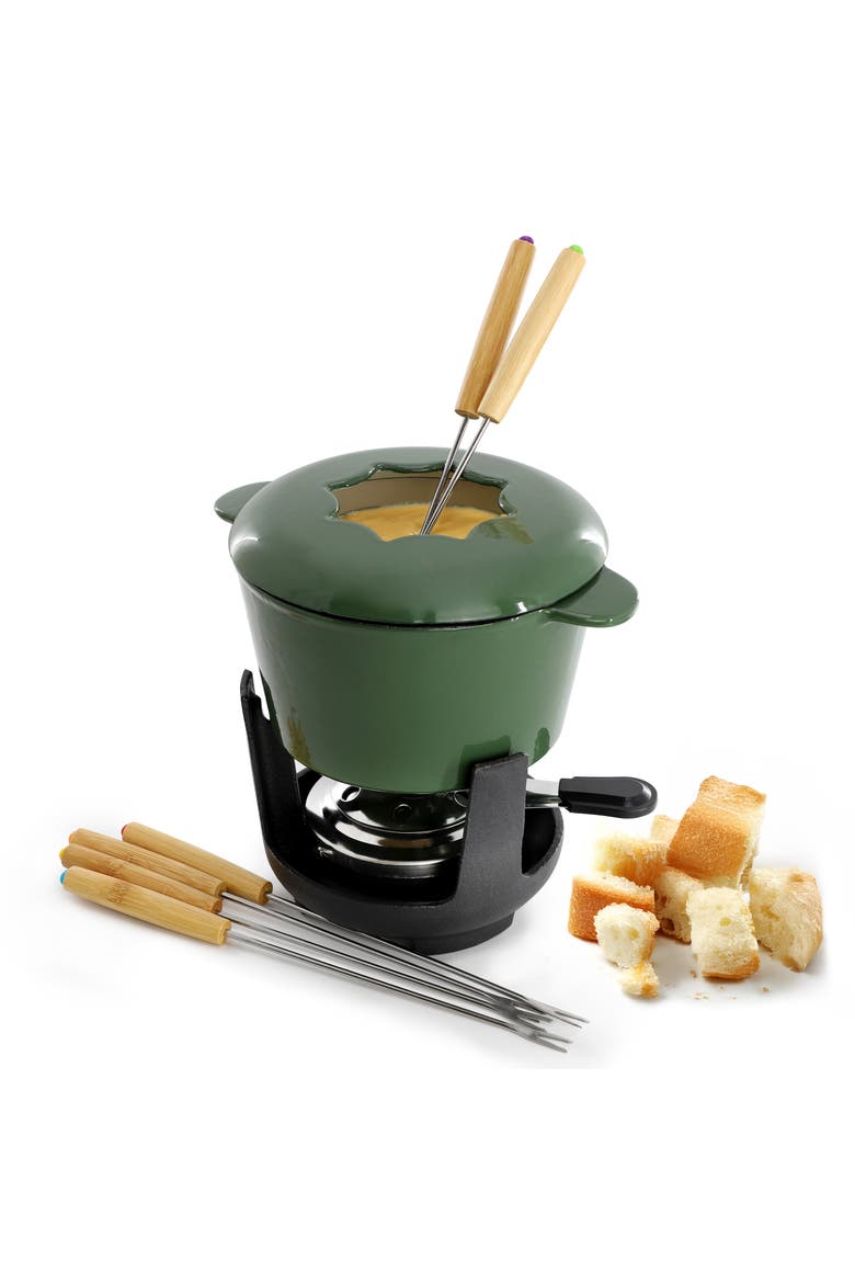Enameled Cast Iron Fondue Pot with 6 Serving Forks in Green, Main, color, Green