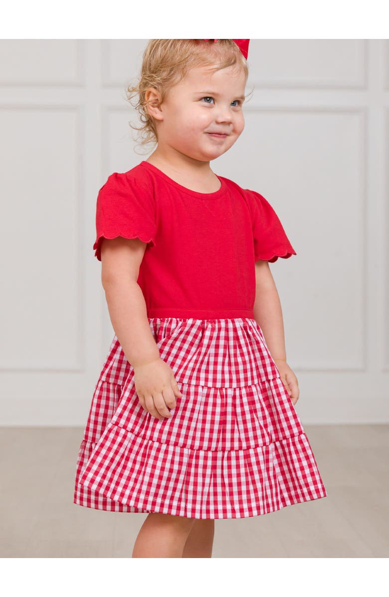 RuffleButts Mixed Media Short Sleeve Tiered Dress, Alternate, color, Classic Red Gingham