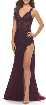 La Femme Lace Dress with High Side Slit and V Neckline