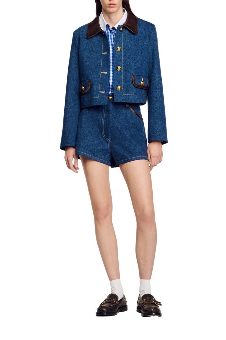 Denim jacket with leather collar, Alternate, color, Blue