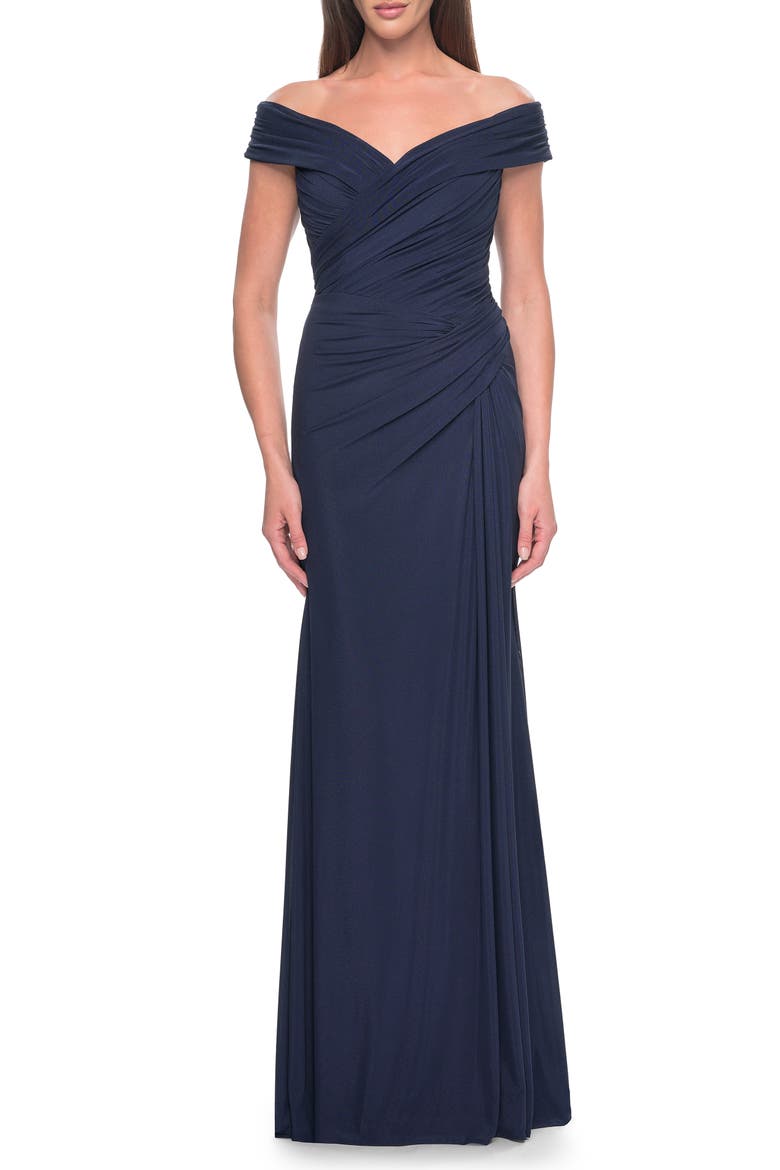 Off the Shoulder Jersey Evening Gown with Ruching, Main, color, Navy
