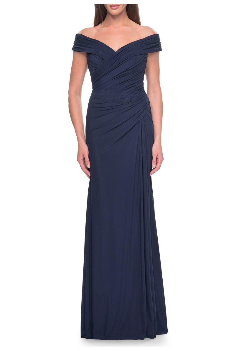 La Femme Off the Shoulder Jersey Evening Gown with Ruching, Main, color, Navy