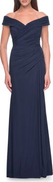 La Femme Off the Shoulder Jersey Evening Gown with Ruching