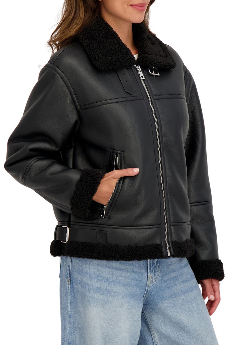 Faux Shearling Collar Aviator Jacket, Alternate, color, BLACK