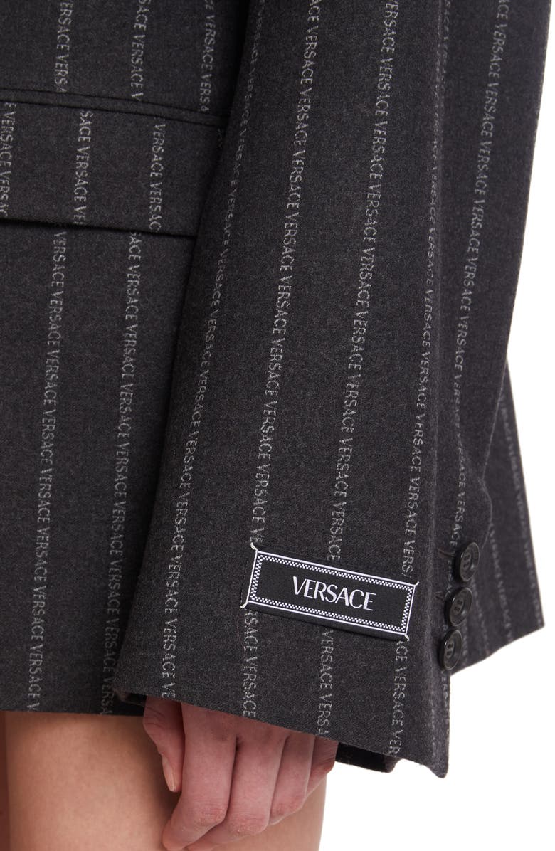 Versace Logo Pinstripe Oversize Single Breasted Virgin Wool & Cotton Blazer, Alternate, color,