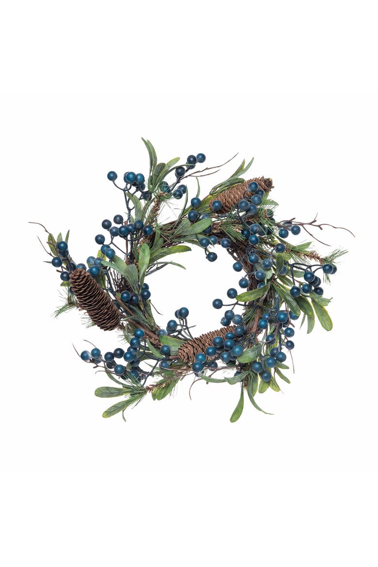 Blue Berry Pinecone & Leaves Medium Artificial Wreath 12", Main, color, Green
