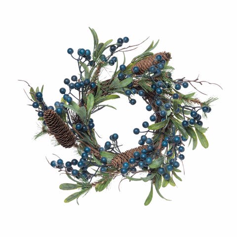 Blue Berry Pinecone & Leaves Medium Artificial Wreath 12"