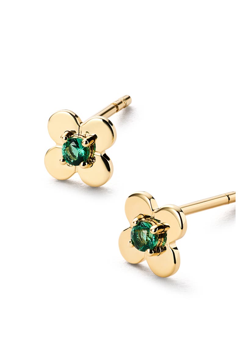 Solid Yellow Gold - Mini Flower Studs, Alternate, color, Emerald