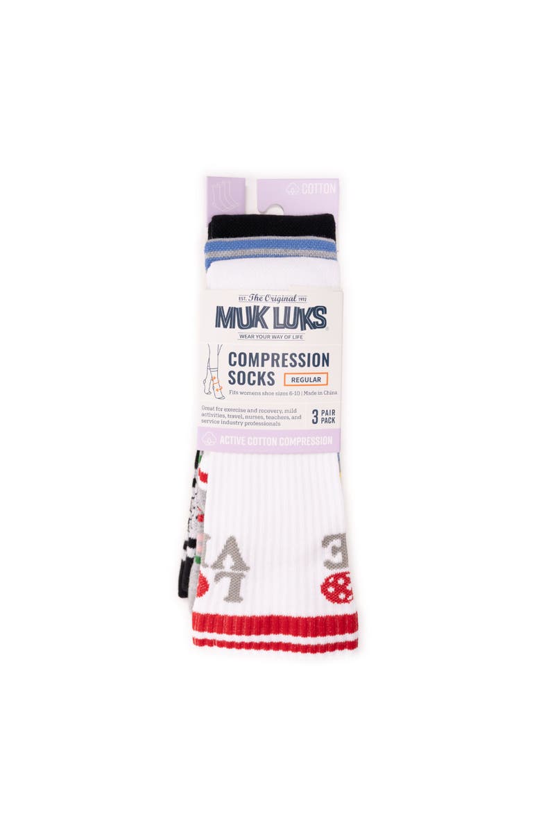 MUK LUKS Cotton Rib Compression Crew Sock 3 Pair Pack, Alternate, color, Rainbow