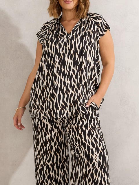 Mono Print Short Sleeve Tie Neck Blouse