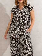 Live Unlimited Mono Print Short Sleeve Tie Neck Blouse