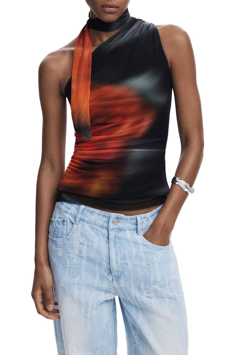 Tie Neck One Shoulder Top, Main, color, BLACK