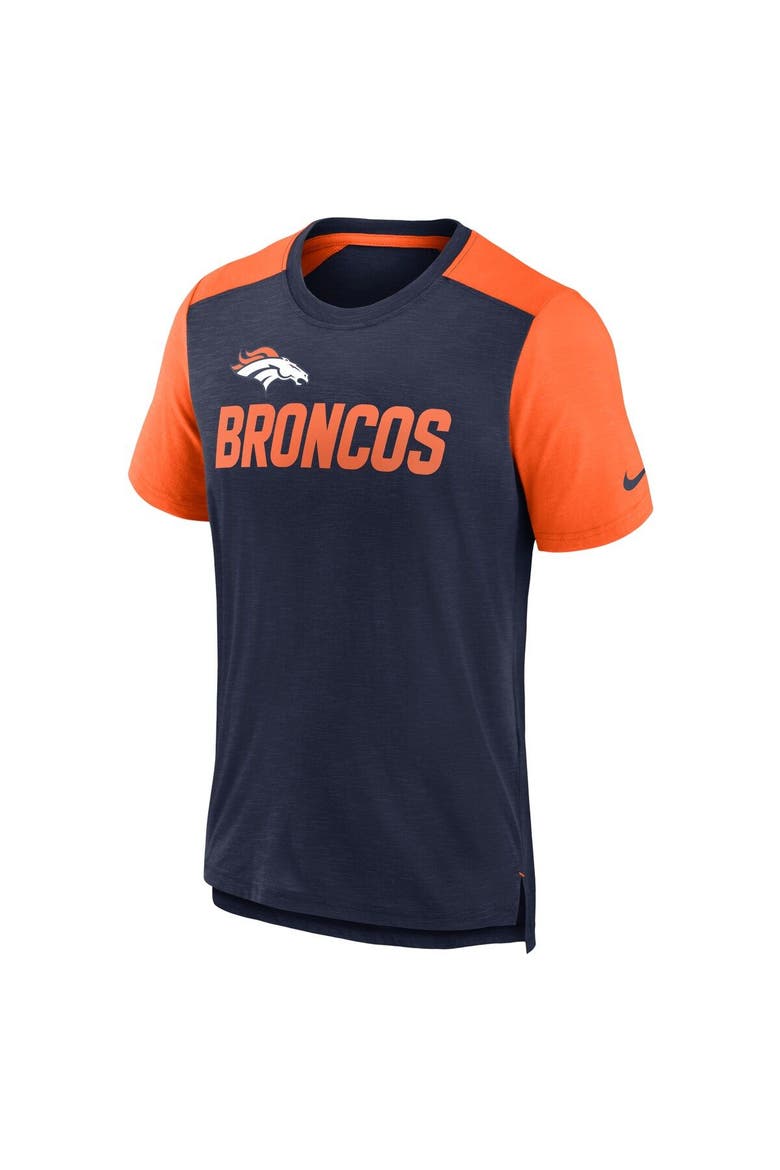 Men's Nike Heathered Navy/Heathered Orange Denver Broncos Color Block Team Name T-Shirt, Alternate, color, Heather Navy
