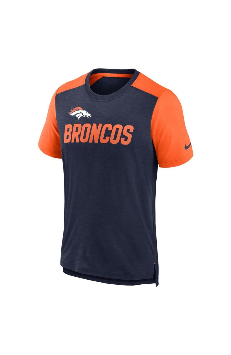 Nike Men's Nike Heathered Navy/Heathered Orange Denver Broncos Color Block Team Name T-Shirt, Alternate, color, Heather Navy