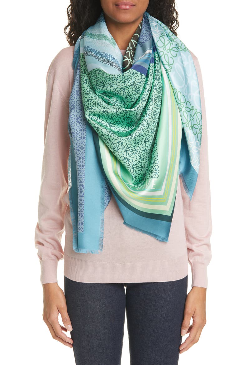 Patchwork Print Silk Square Scarf, Main, color, BLUE/ GREEN