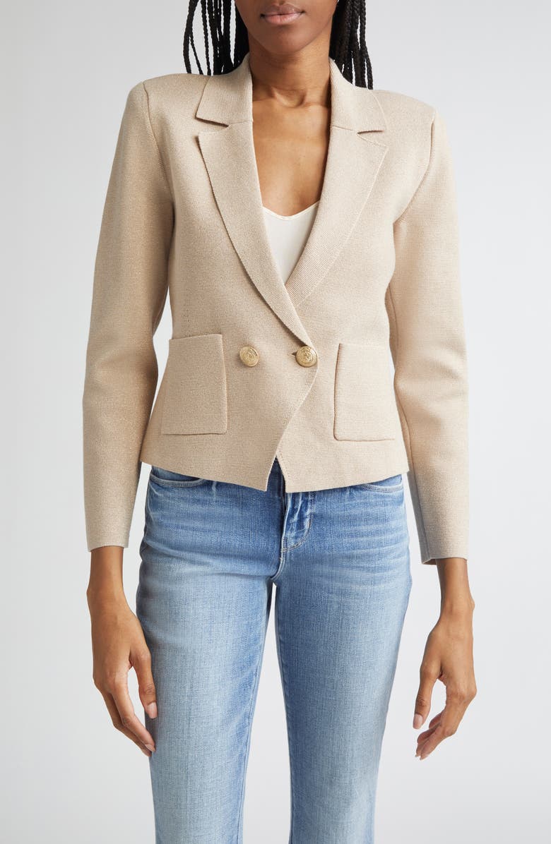 L'AGENCE Sofia Metallic Knit Blazer, Main, color, Pale Khaki/ Gold