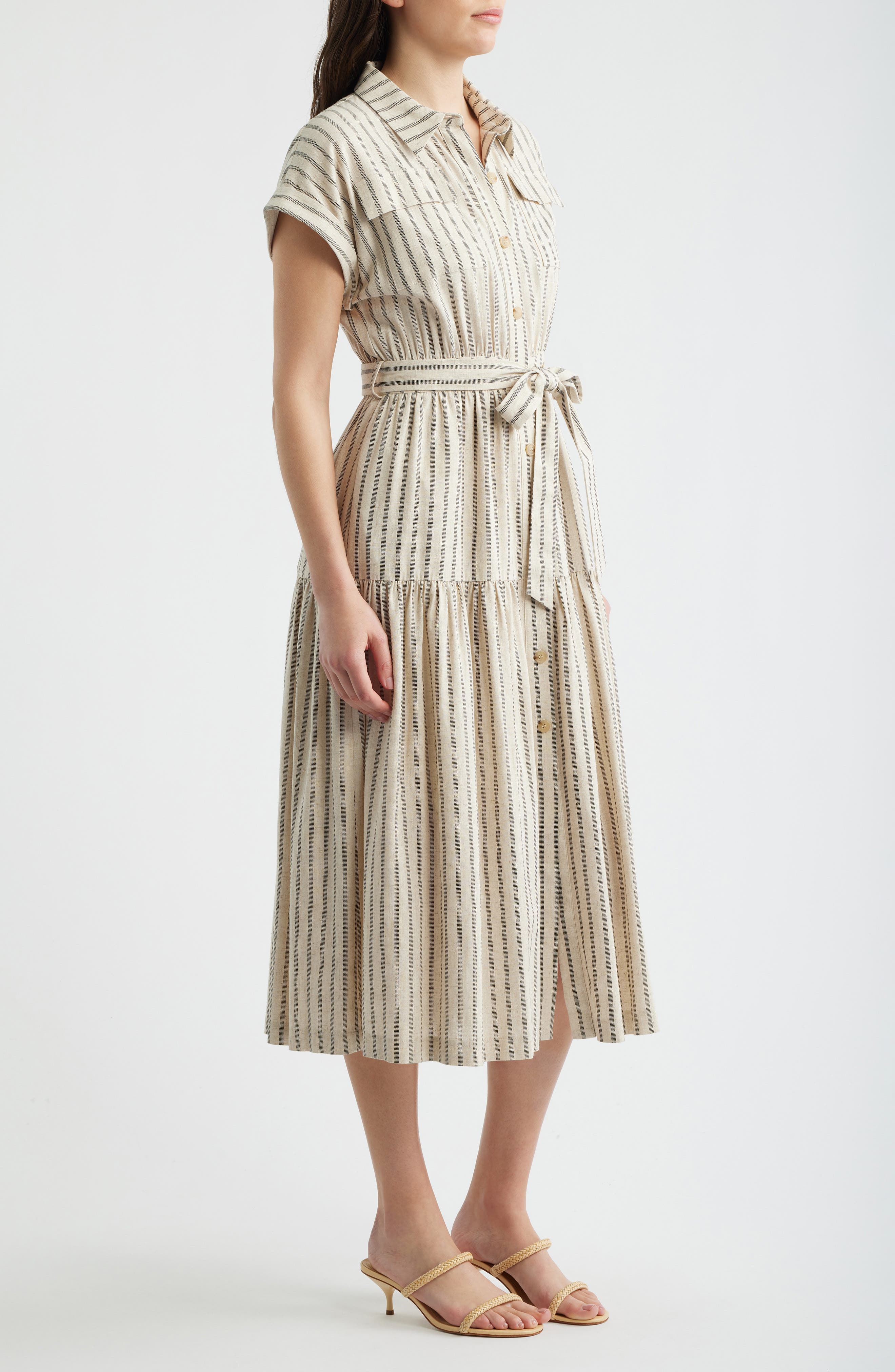 ZOE AND CLAIRE Stripe Belted Linen Midi Shirtdress (Women) | Nordstrom