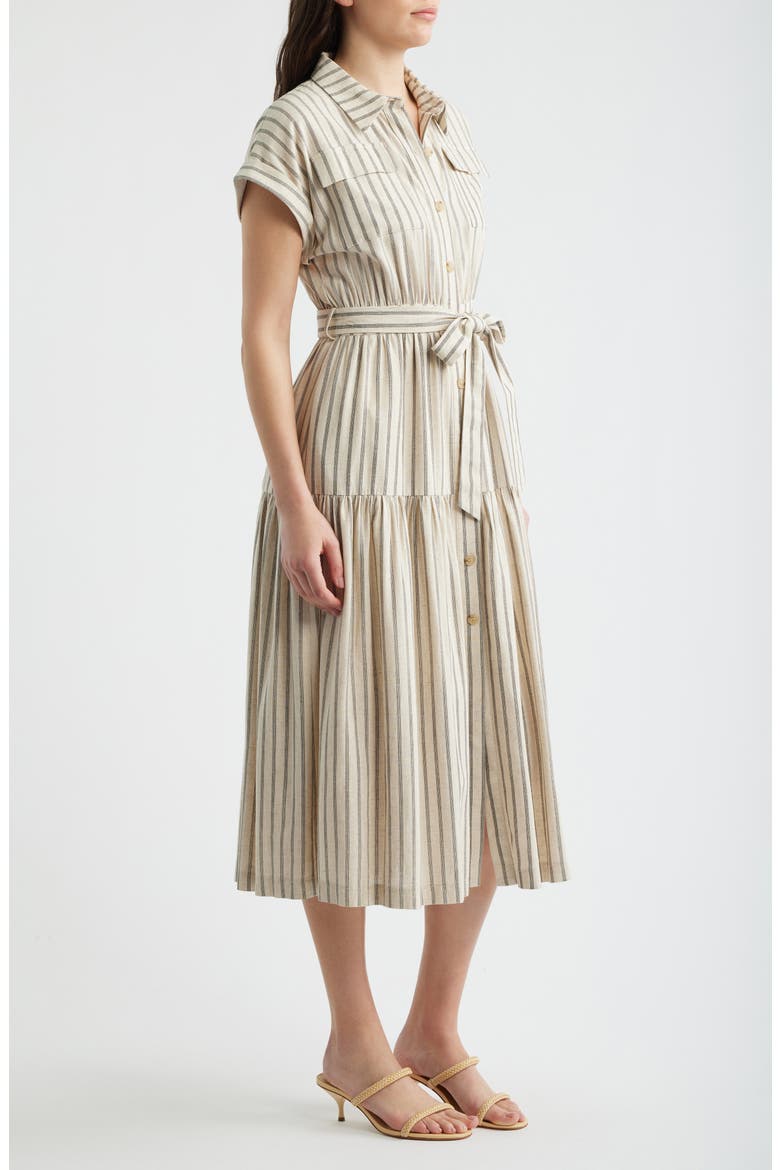 Stripe Belted Linen Midi Shirtdress, Alternate, color, LIGHT TAUPE