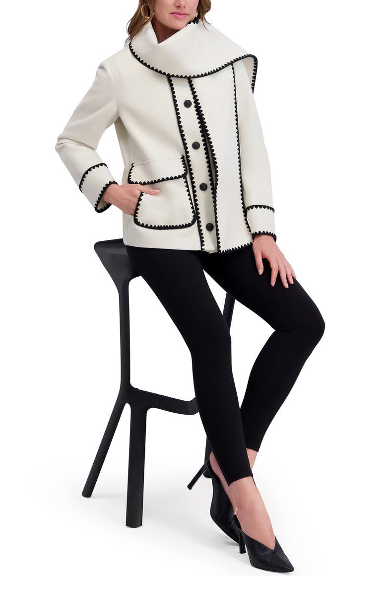 Kensie Whipstitch Detail Coat with Attached Scarf, Alternate, color, Ivory